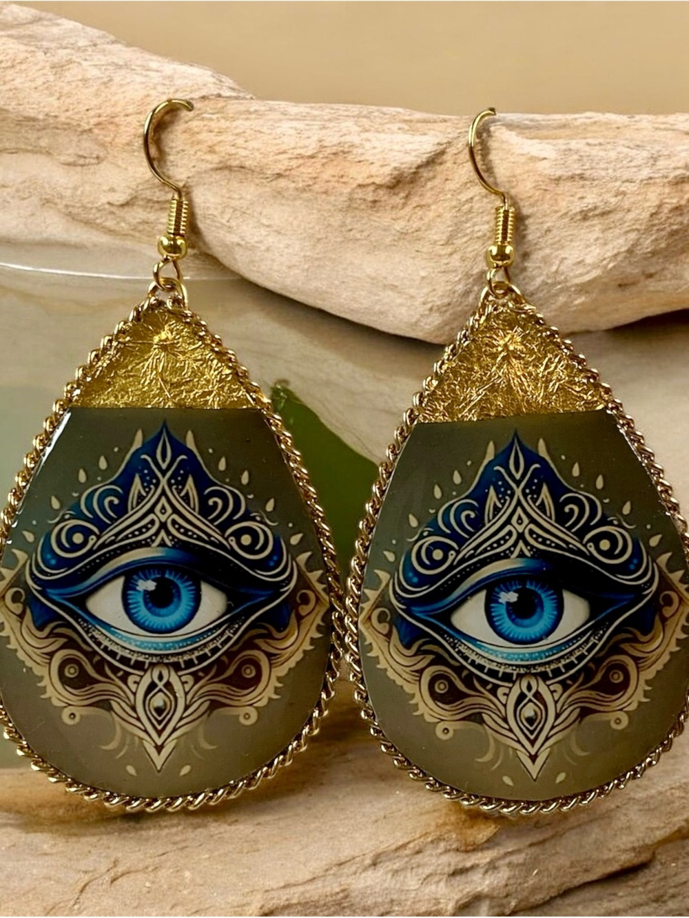 Gold Teardrop Earrings with Blue Eye Motif - Women's Jewelry